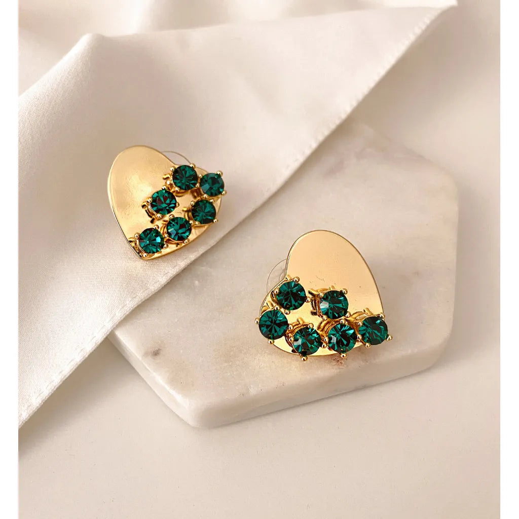 Gold Heart Earrings with Emerald Crystals