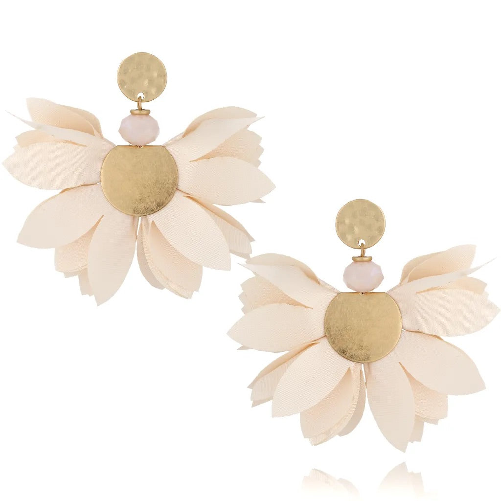 Warm Beige Satin Flower Earrings with Beige Beads