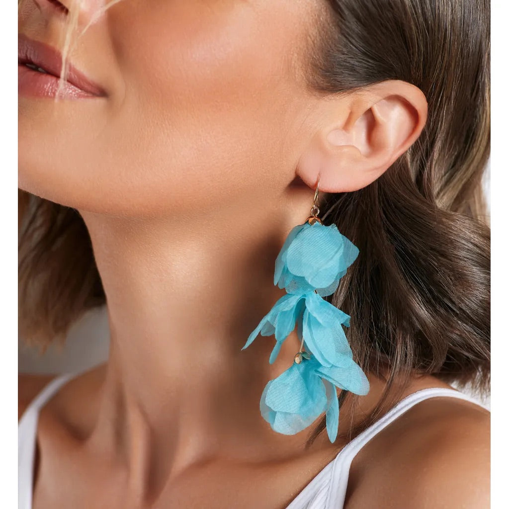 Triple Blue Silk Flower Earrings