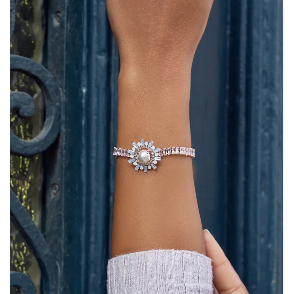 Rose Gold Bracelet with Pearl Ball and Crystals