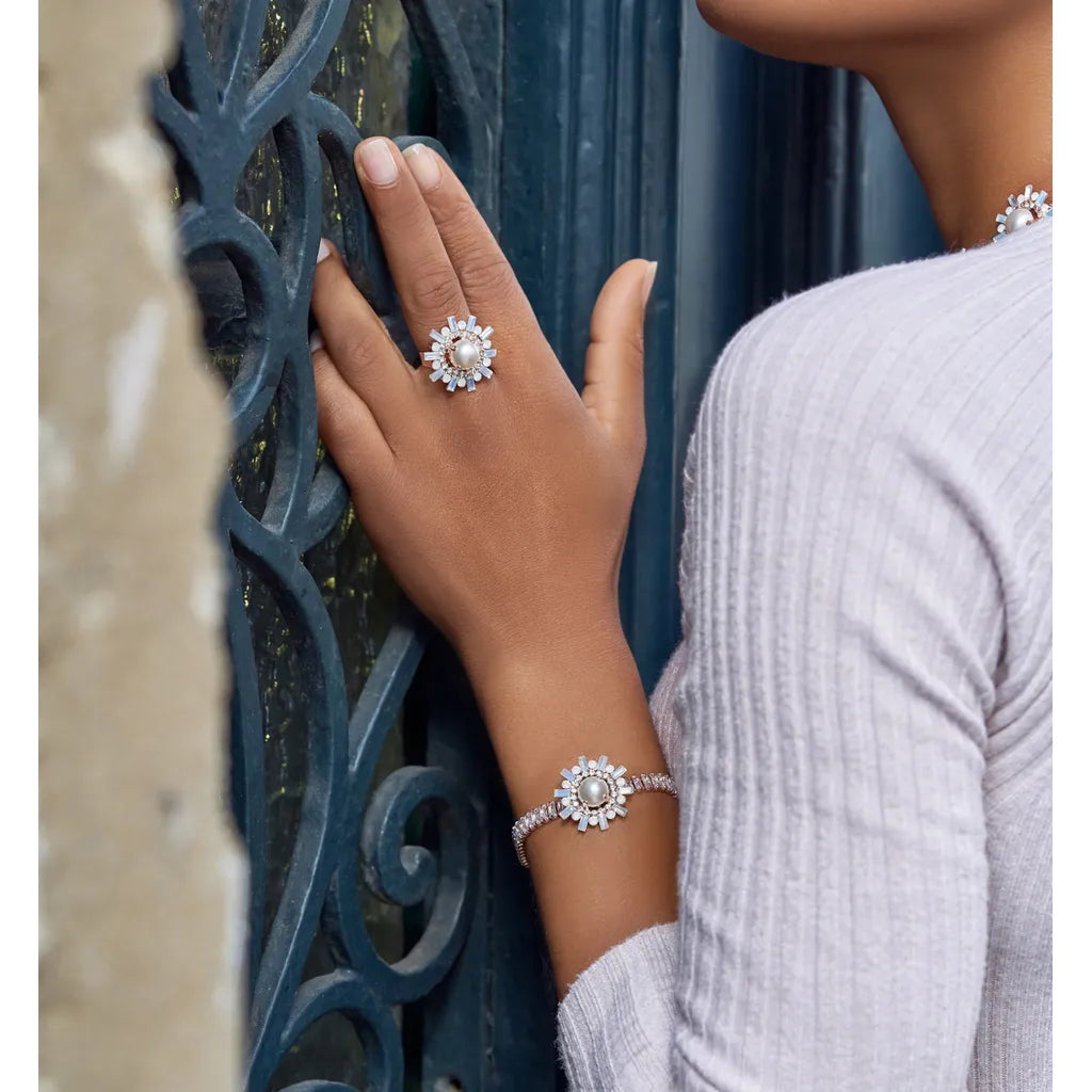 Rose Gold Ring with Ball Pearl and Crystals Adjustable