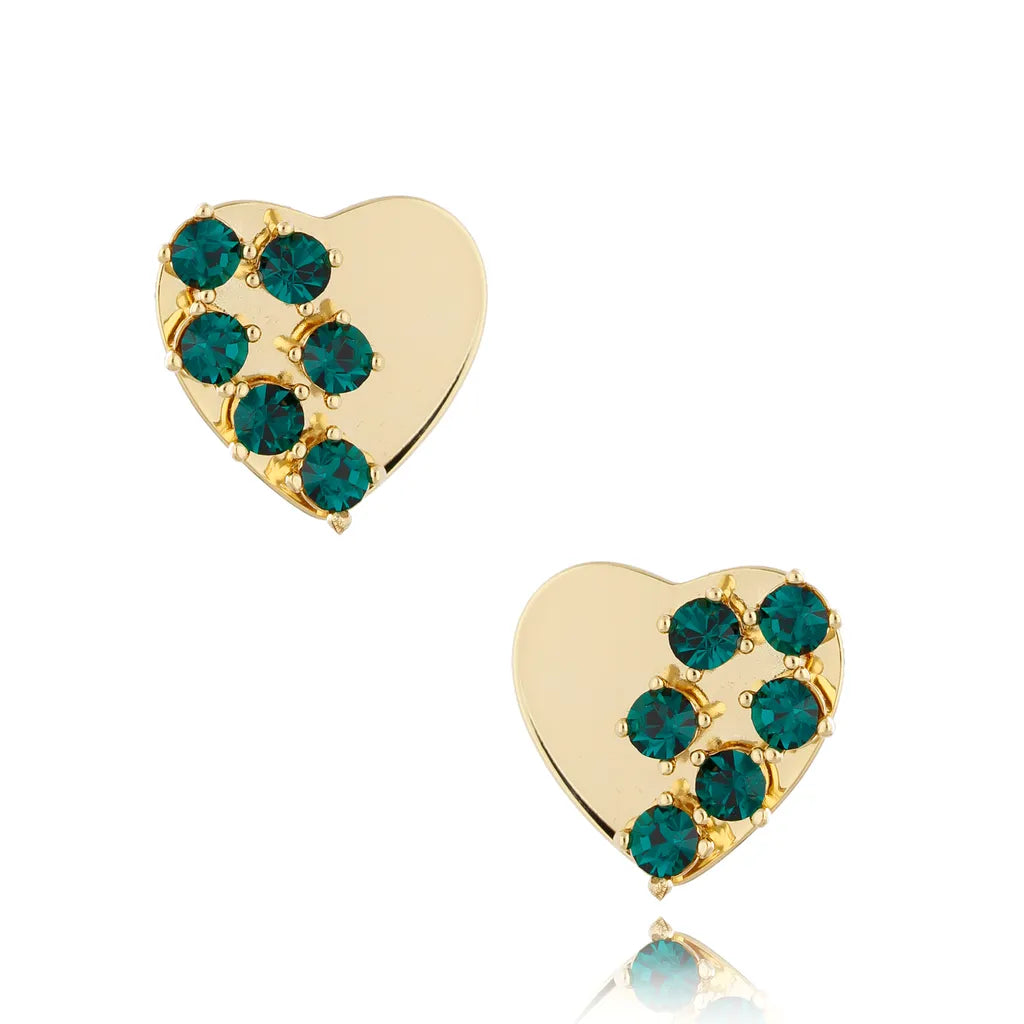 Gold Heart Earrings with Emerald Crystals