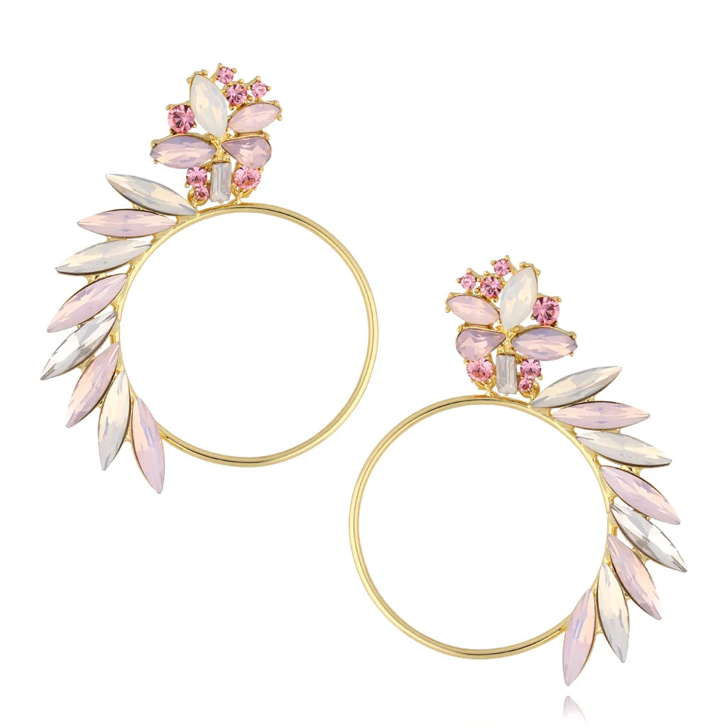Gold  Milky Pink Crystal Hoop Earrings
