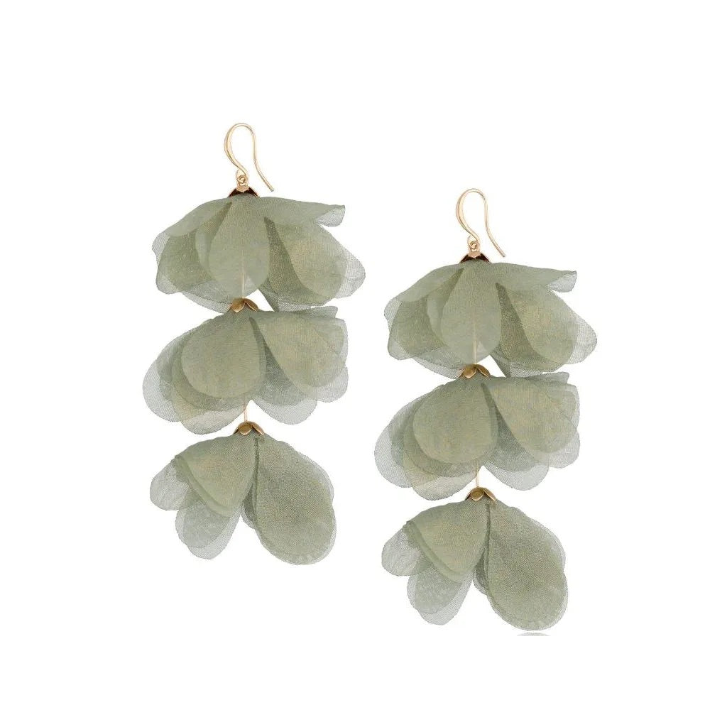Sage Green Silk Flower Earrings with Iridescent Finish