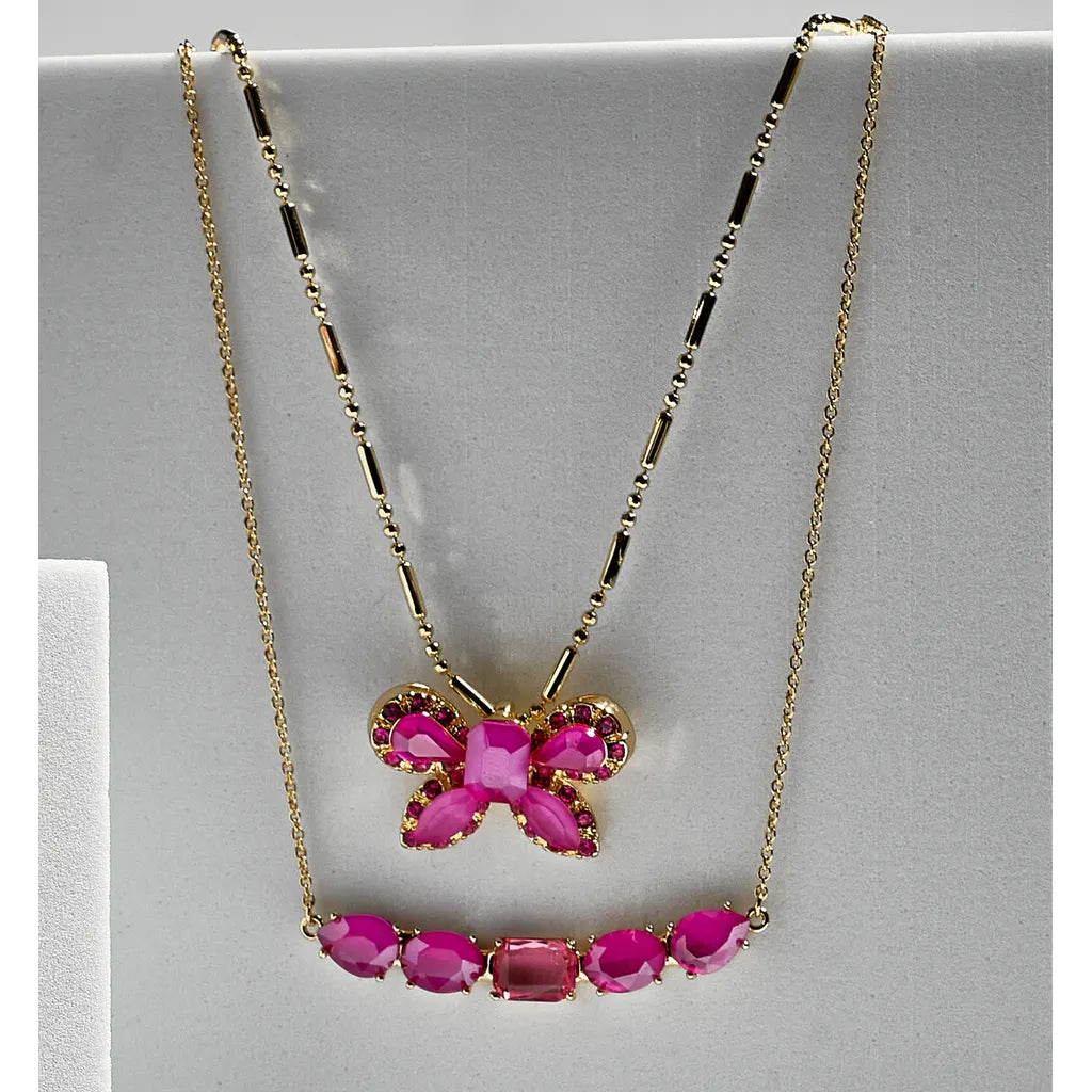 Beverly Fuchsia Ribbon Gold Necklace