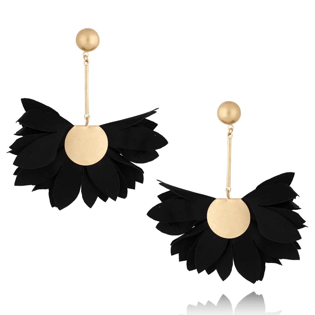 Round Black Satin Flower Earring with Gold Finish
