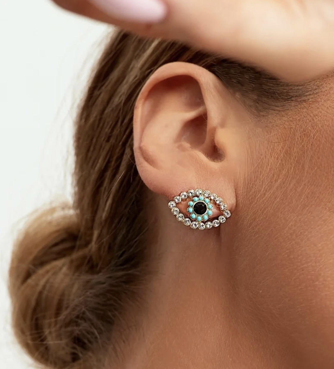 Evil Eye Studs with Clear Turquoise and Black Stones