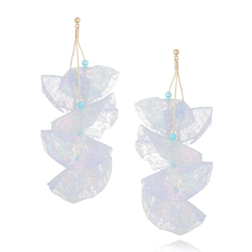 Light Blue Blossom Earrings with Iridescent Brocade Application