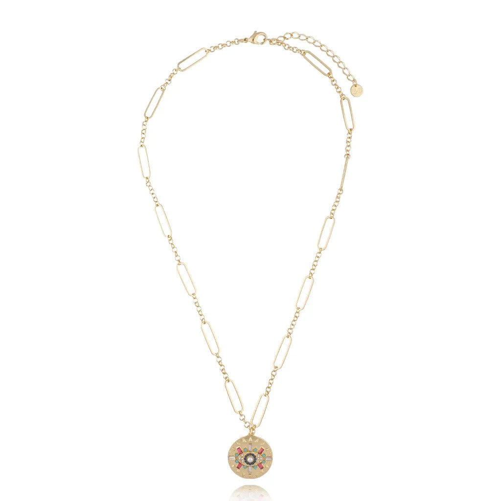 Gold Paperclip Long Necklace with Evil Eye Pendant