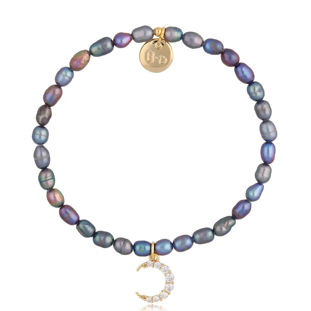 Purple-Green Pearls Bracelet with Crystal Moon Charm