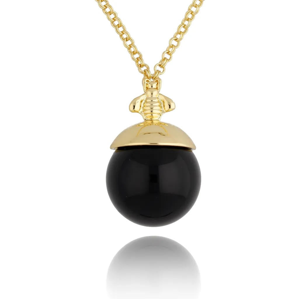 Long Gold Necklace with Black Ball Pendent